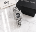 Michael Kors pavé crystal square lock watch with black dial on silver Cuban chain bracelet with MK logo and gift box