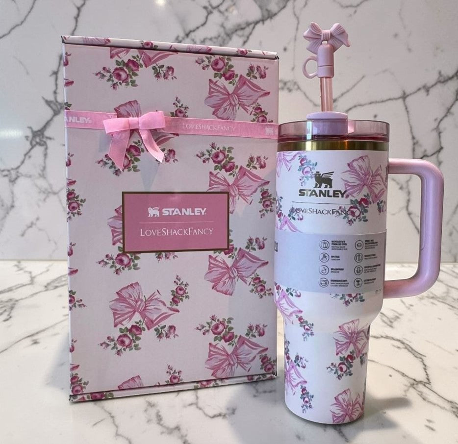 40oz Quencher Style Tumbler Pink Bow Cup Handle Straw Insulated