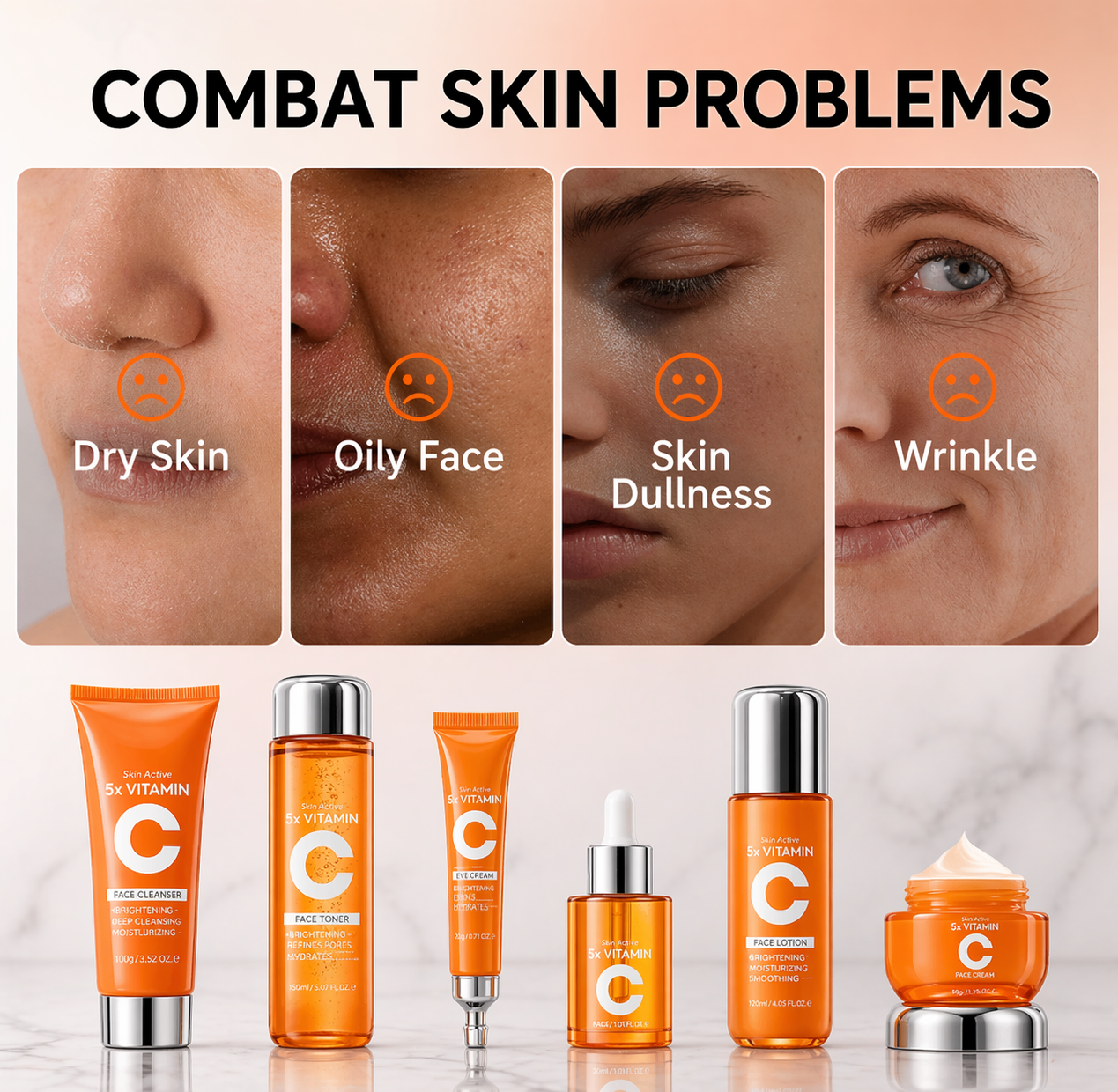 6pcs/Set SADOER Vitamin C Skin Care Set - Face Cream, Cleanser, Serum & Toner