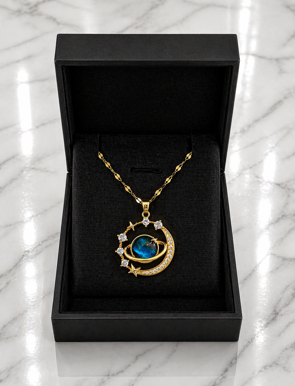Moon Pendant Necklace – Starry Sky Stone & Rhinestone