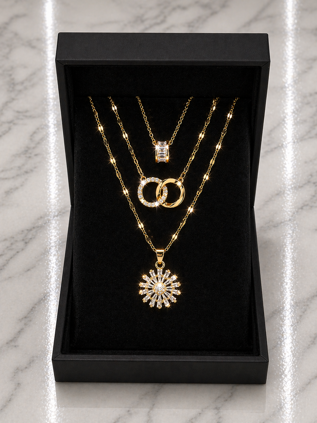 3pc Luxury Double-Ring Pendant Necklace Set – Cubic Zirconia Flower & Stainless Steel Chain
