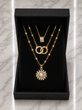 3pc Luxury Double-Ring Pendant Necklace Set – Cubic Zirconia Flower & Stainless Steel Chain