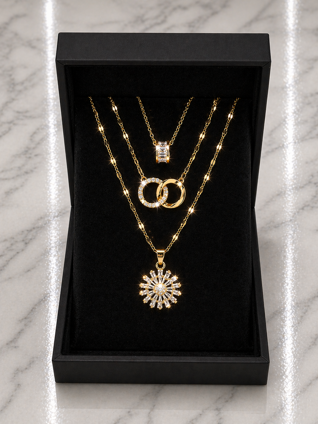 3pc Luxury Double-Ring Pendant Necklace Set – Cubic Zirconia Flower & Stainless Steel Chain