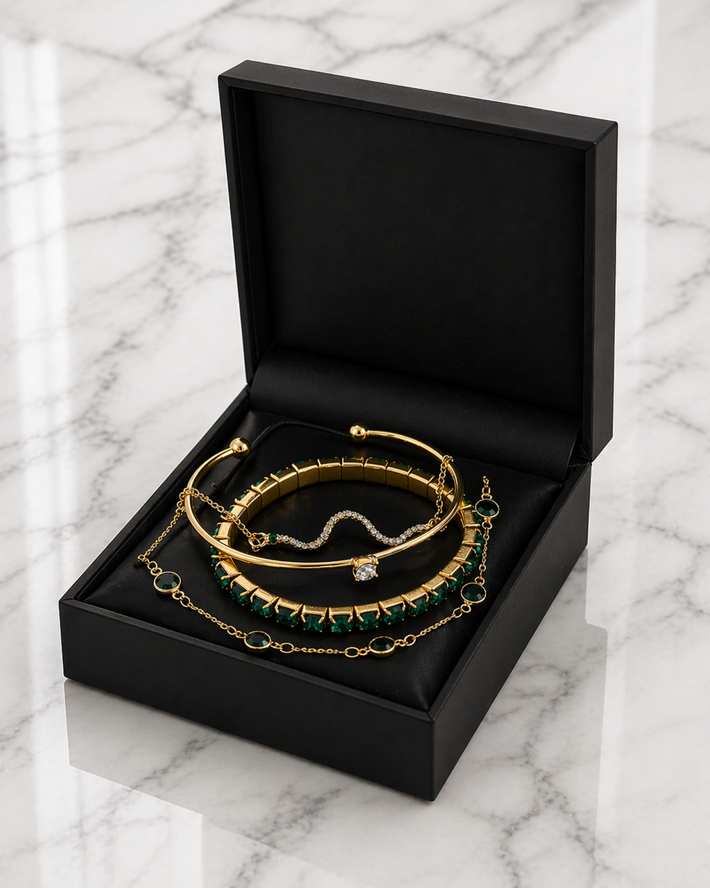 4pc Full Rhinestone Snake Bracelet Set – Green Chain Design