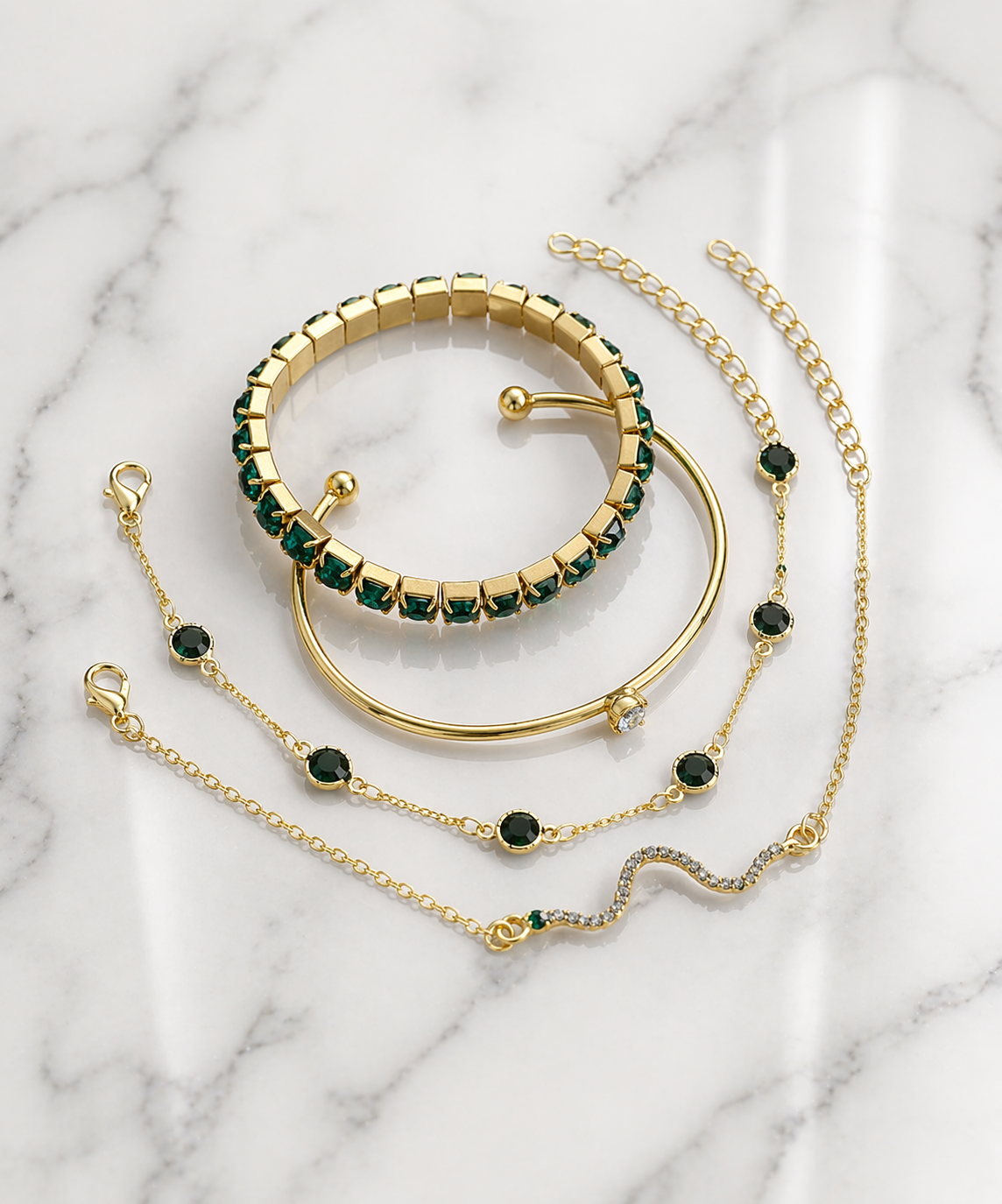 4pc Full Rhinestone Snake Bracelet Set – Green Chain Design