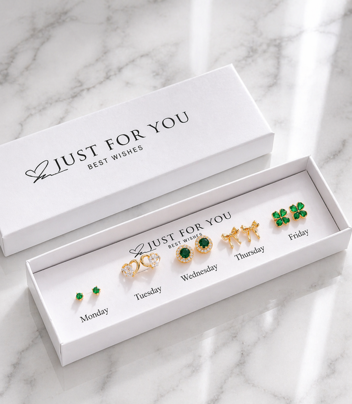 5 Pairs Four-Leaf Clover, Bow & Heart Zirconia Stud Earrings Set – Emory Green