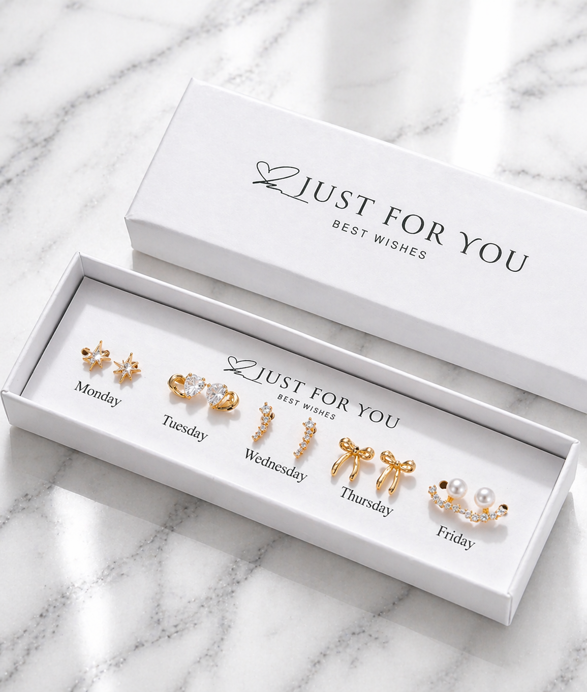 5 Pairs Four-Leaf Clover, Bow & Heart Zirconia Stud Earrings Set – Diamond