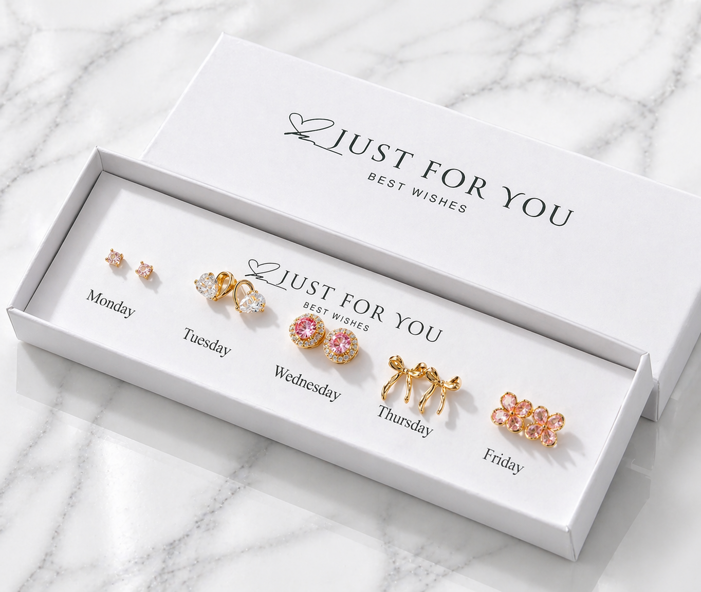 5 Pairs Four-Leaf Clover, Bow & Heart Zirconia Stud Earrings Set – Pink