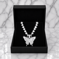 Silver Butterfly Pendant Diamond Cuban Chain Necklace
