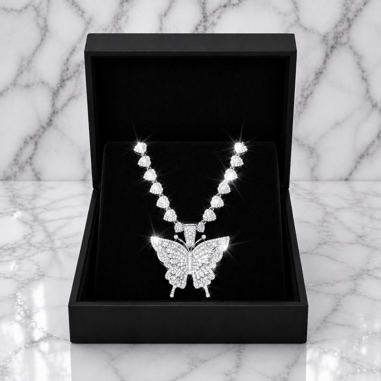 Silver Butterfly Pendant Diamond Cuban Chain Necklace