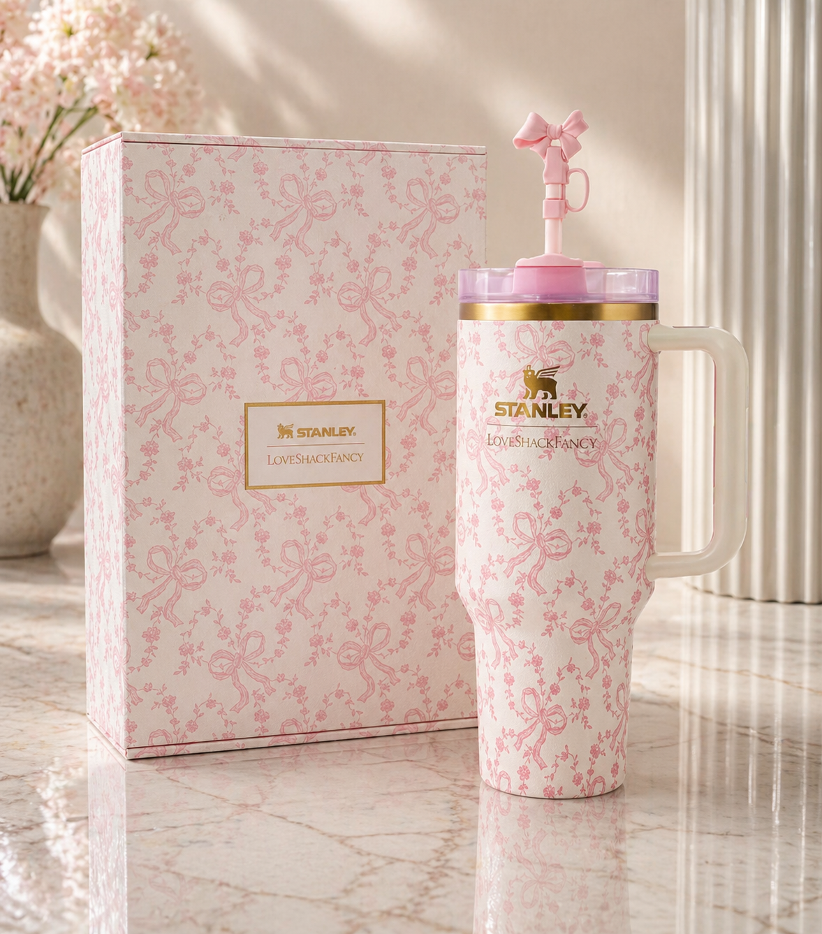 40oz Pink Bow Stanley Tumbler Chantilly Playful Bow Cup w/ Handle Straw