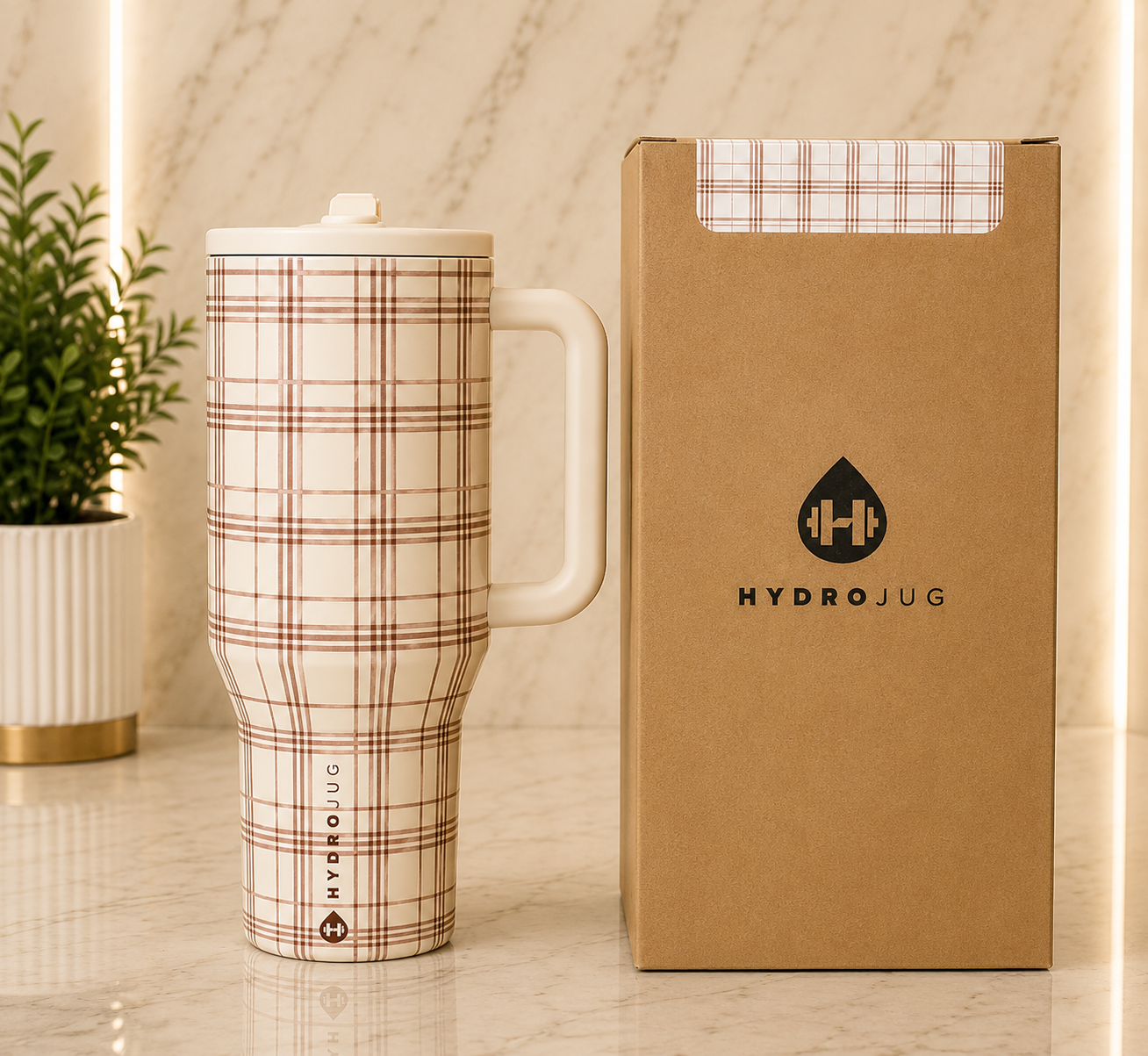 40oz HydroJug Tumbler Plaid Neutral Aesthetic Cup w/ Lid & Straw
