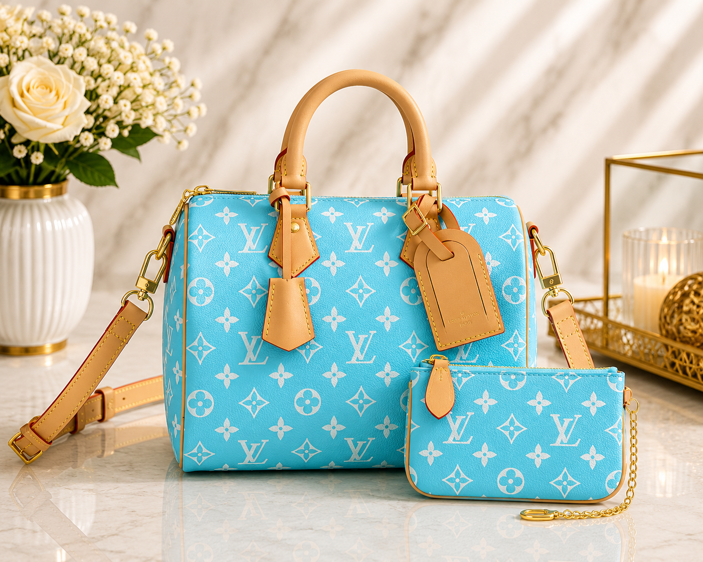 Luxury Monogram Handbag & Crossbody Set — Sky Blue