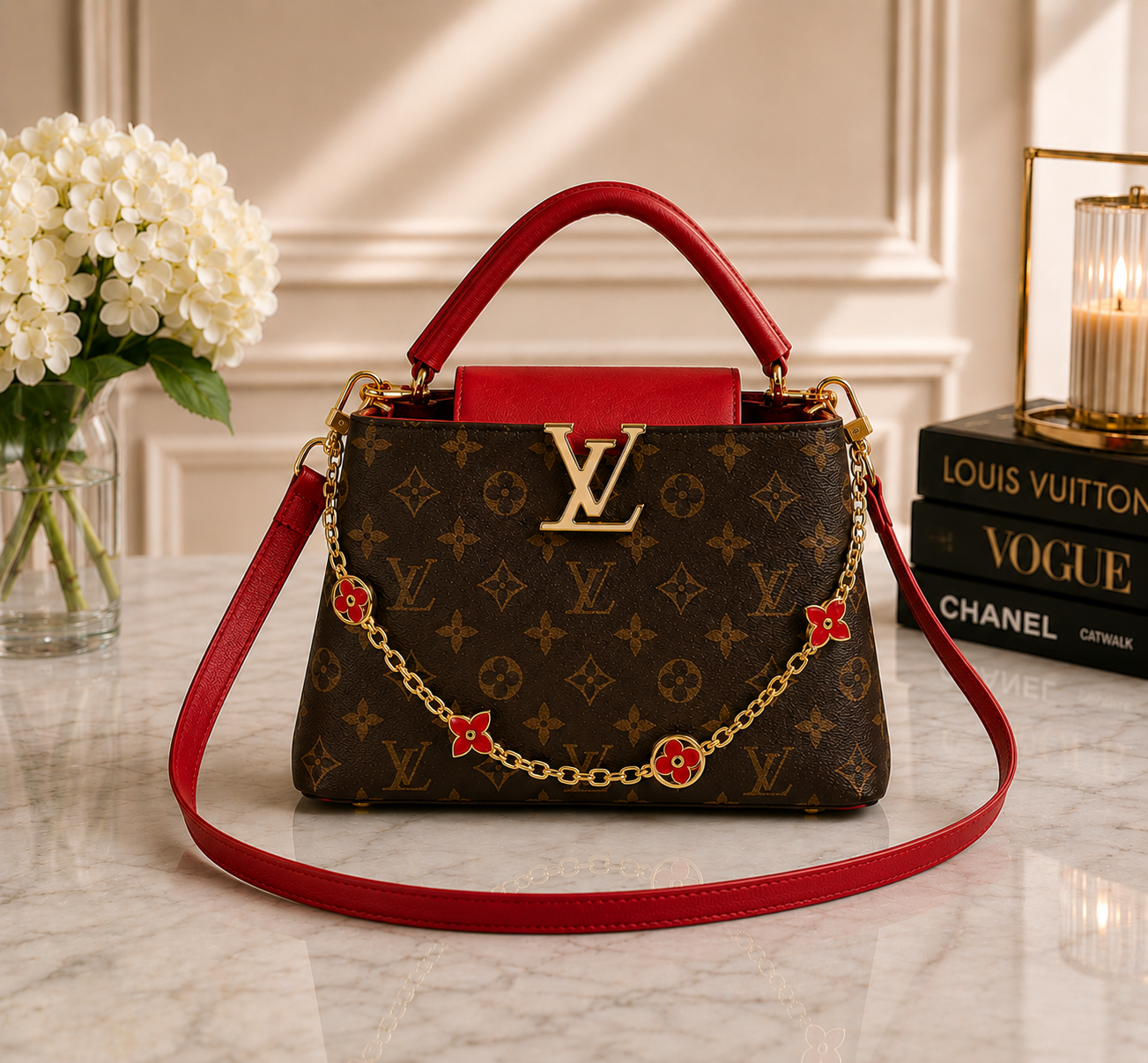 Brown Monogram Crossbody Bag with Red Accents