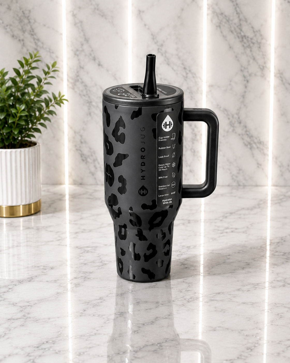 HydroJug 40oz Tumbler – Black Leopard / Cheetah Print – Large & Durable