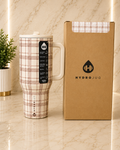 40oz HydroJug Tumbler Plaid Neutral Aesthetic Cup w/ Lid & Straw