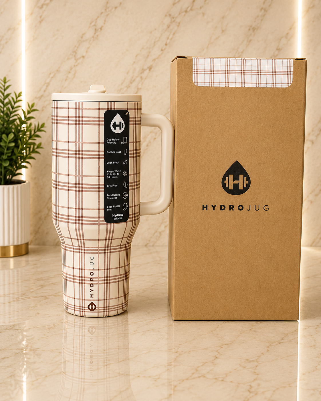 40oz HydroJug Tumbler Plaid Neutral Aesthetic Cup w/ Lid & Straw