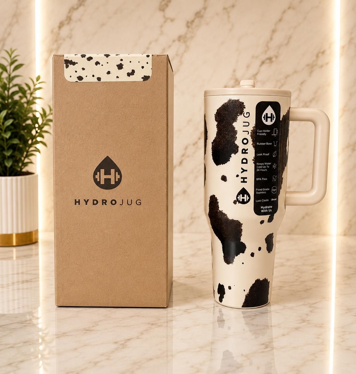 40oz HydroJug Tumbler Cow Print Insulated Cup w/ Lid & Straw