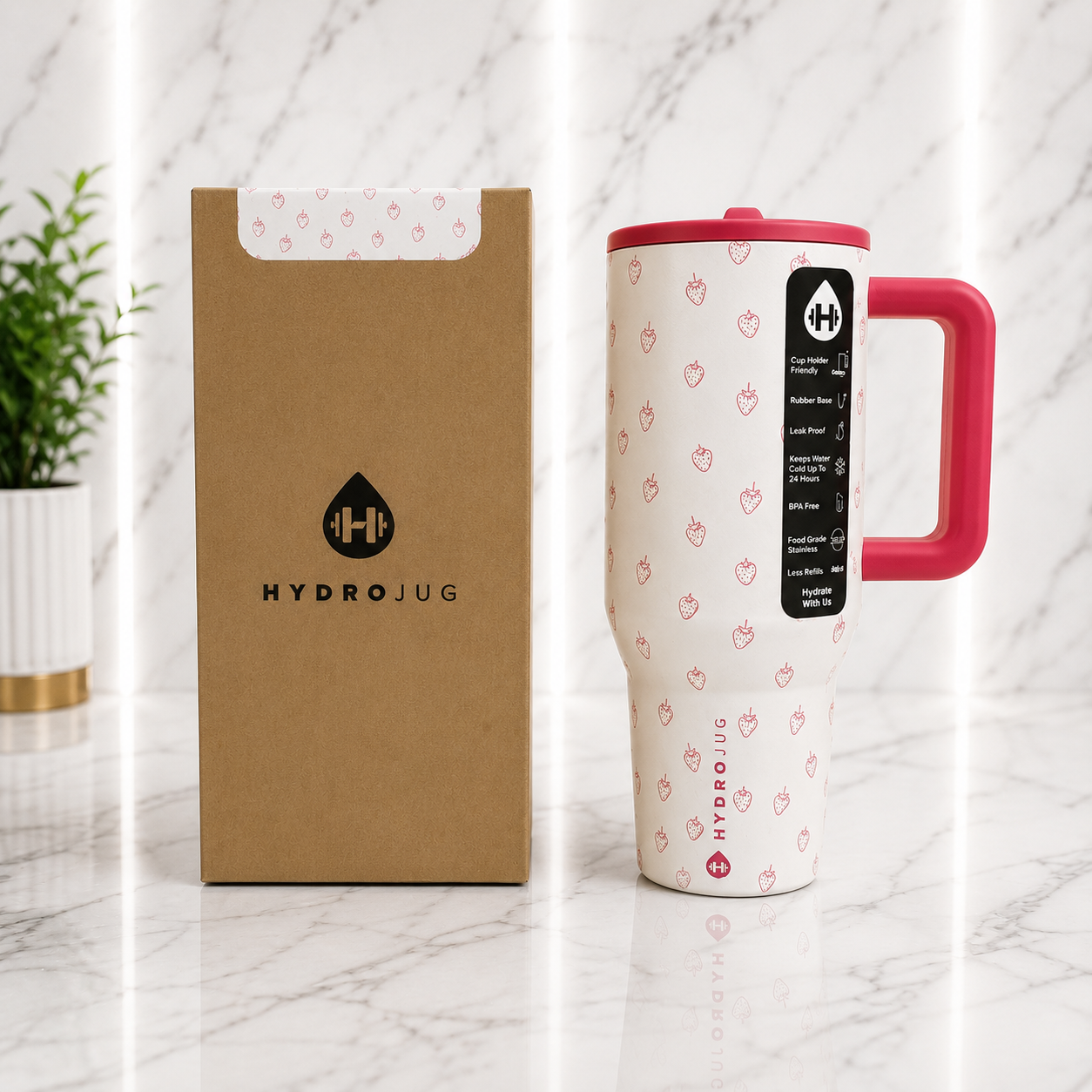 40oz HydroJug Tumbler Pink Strawberry Insulated Cup w/ Lid & Straw