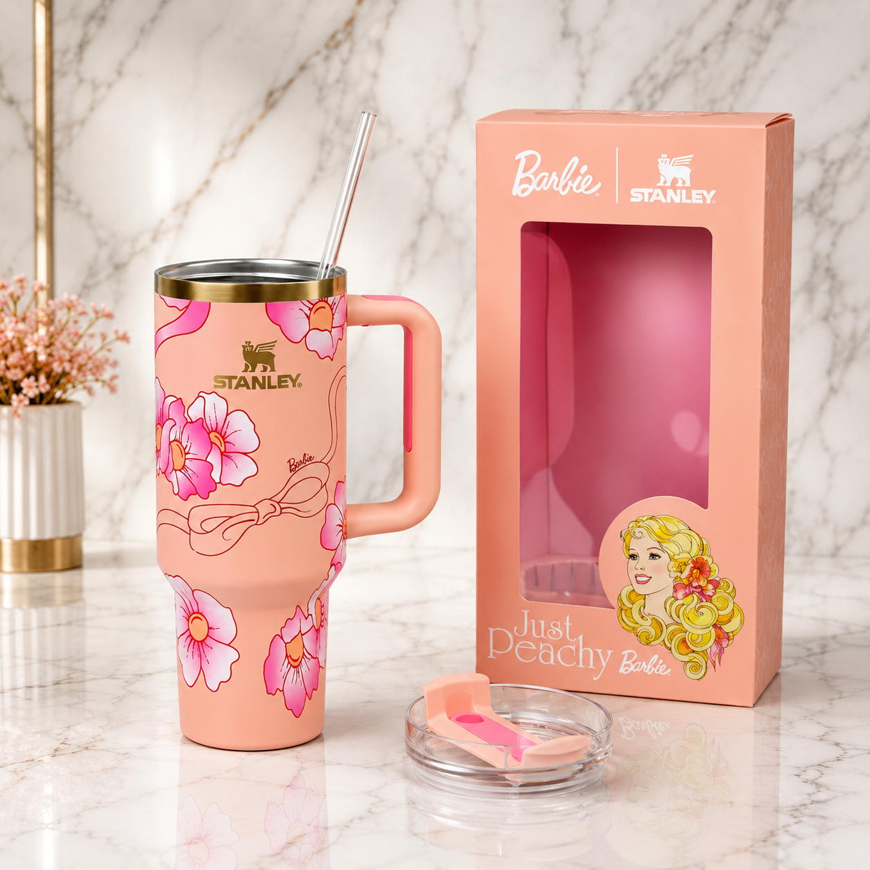 Stanley x Barbie "Just Peachy" 40oz Quencher Tumbler Pink w/ Handle & Straw