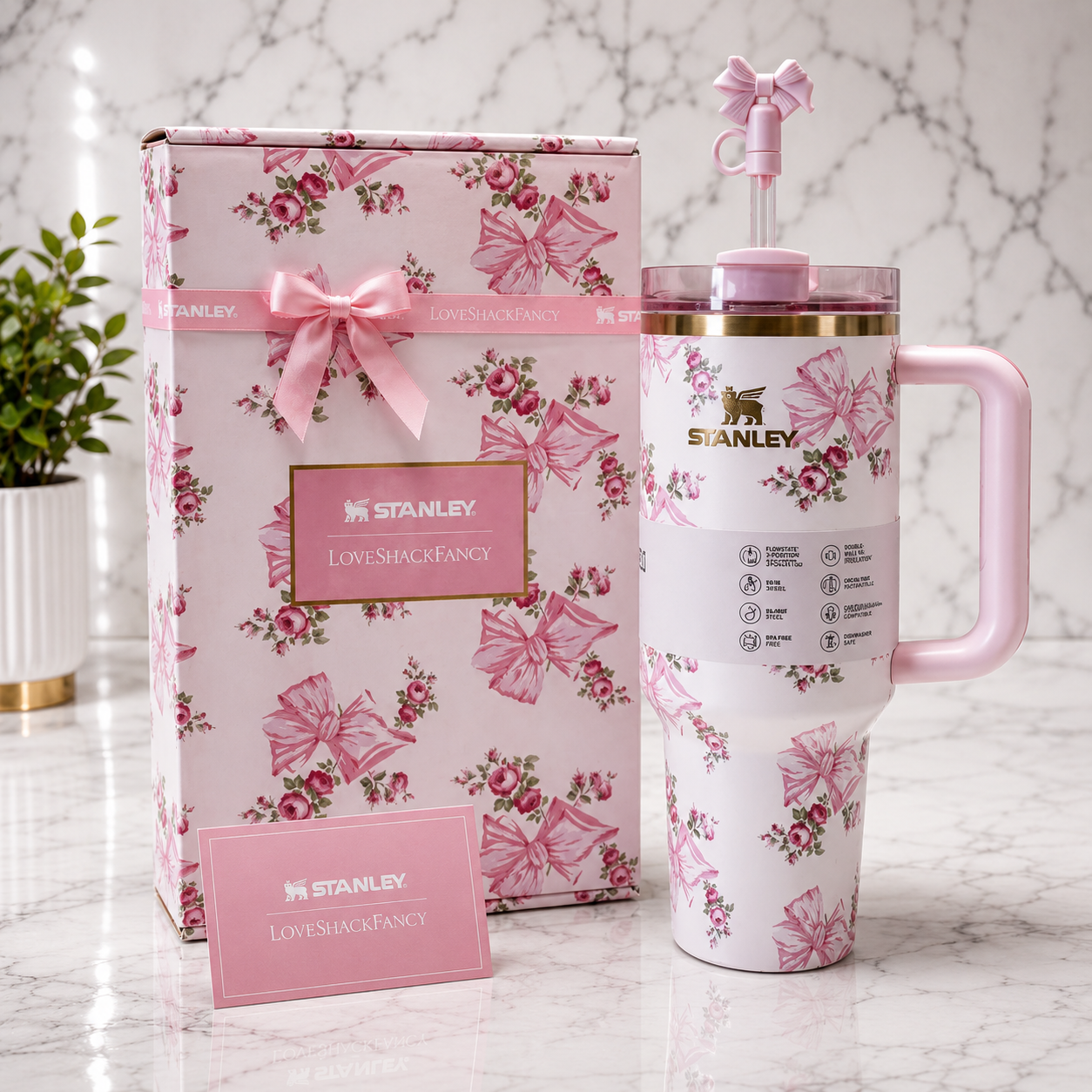 40oz Quencher Style Tumbler Pink Bow Cup Handle Straw Insulated