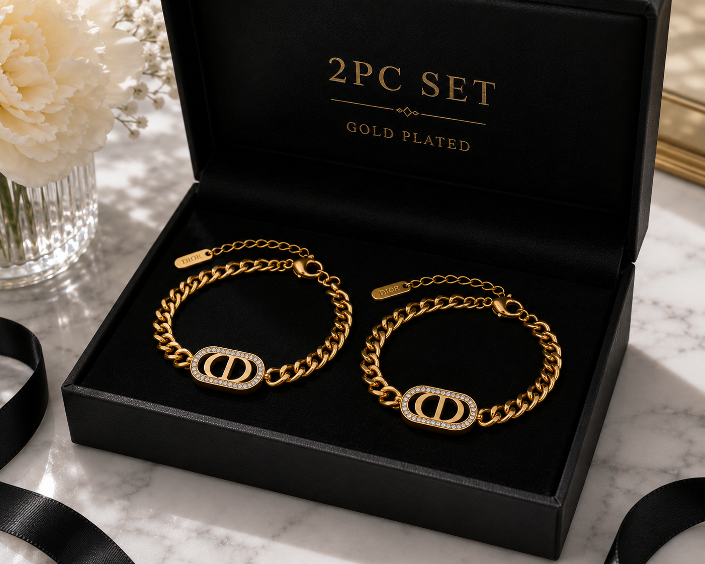 2pc Luxury Diamond Rhinestone Curb Chain Bracelet Set
