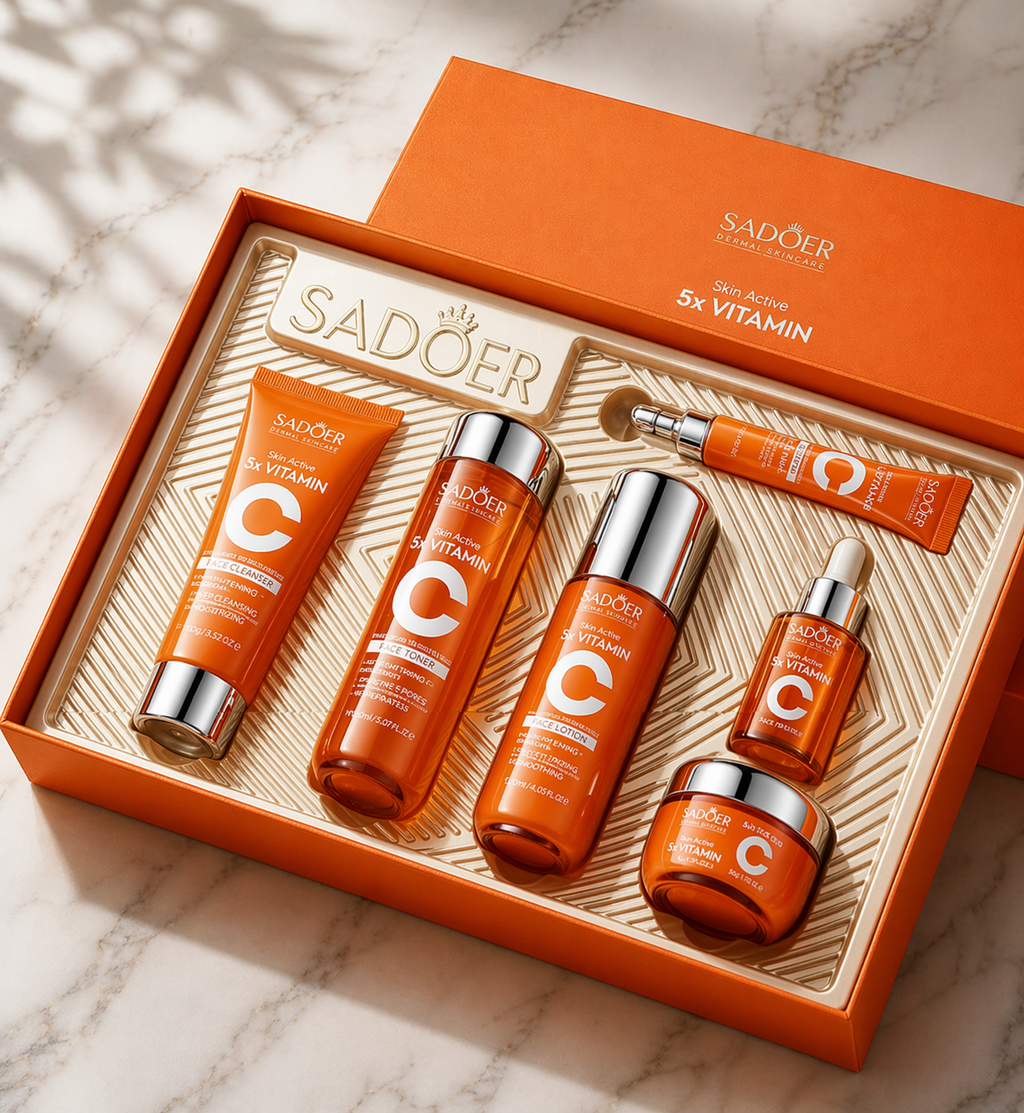 6pcs/Set SADOER Vitamin C Skin Care Set - Face Cream, Cleanser, Serum & Toner