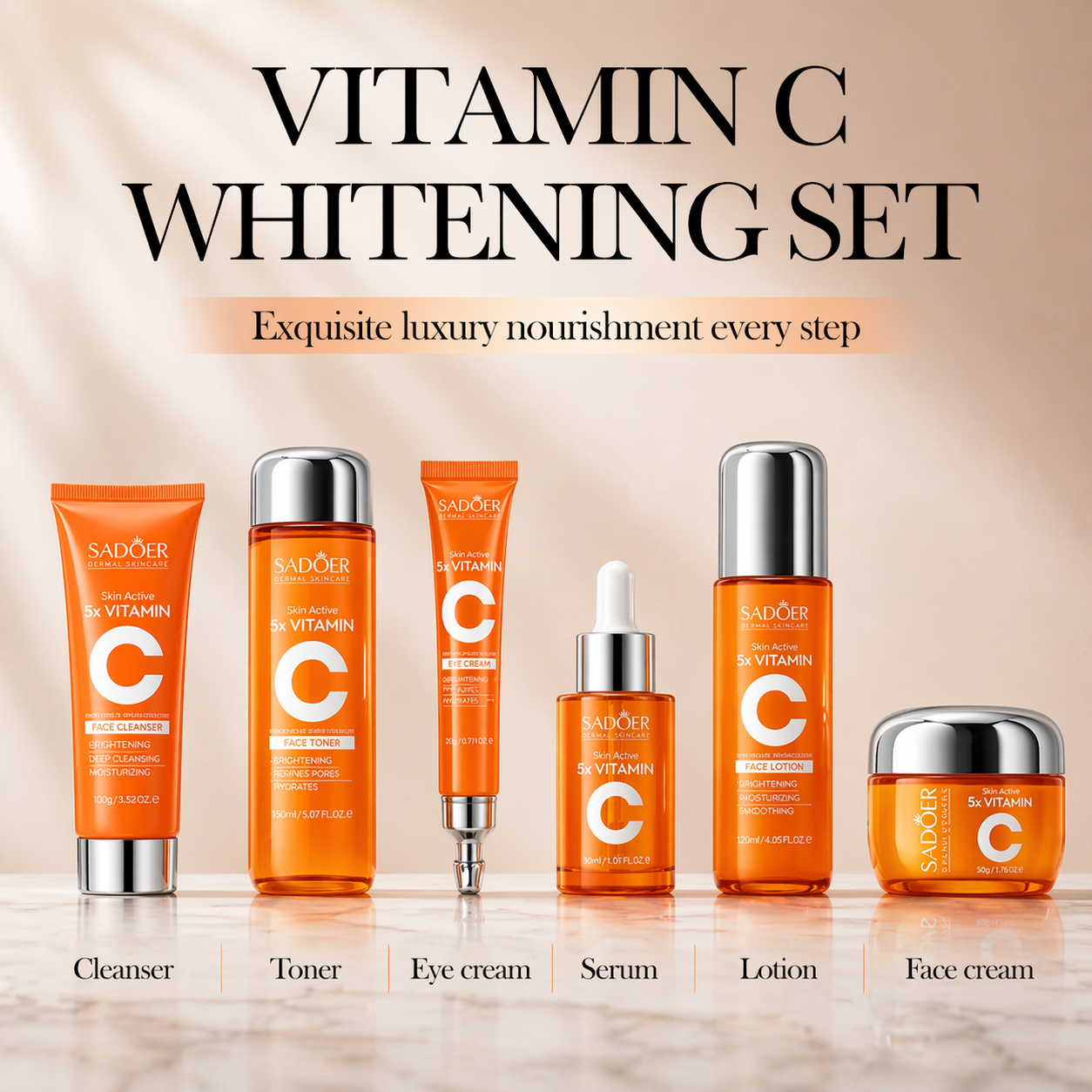 6pcs/Set SADOER Vitamin C Skin Care Set - Face Cream, Cleanser, Serum & Toner
