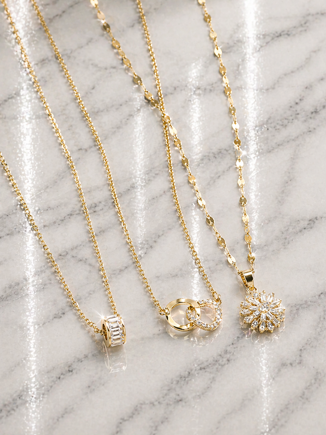 3pc Luxury Double-Ring Pendant Necklace Set – Cubic Zirconia Flower & Stainless Steel Chain