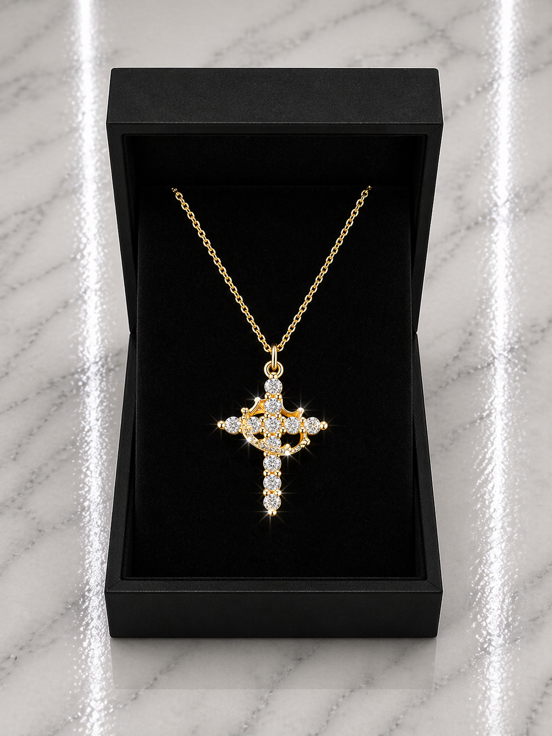 14K Gold Plated Crown Cross Pendant Necklace – Diamond Accent Faith Necklace