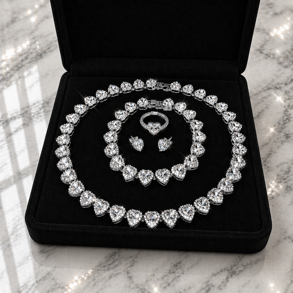 4pc Heart Jewelry Set Silver Tone Necklace Bracelet Earrings Gift Set