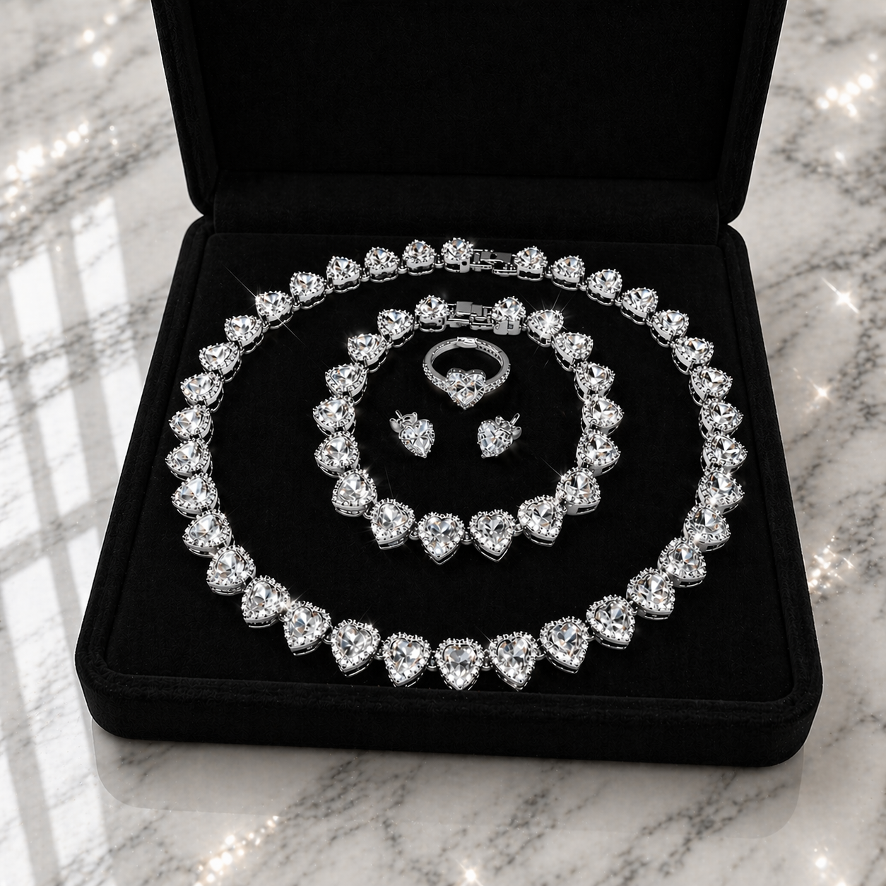 4pc Heart Jewelry Set Silver Tone Necklace Bracelet Earrings Gift Set