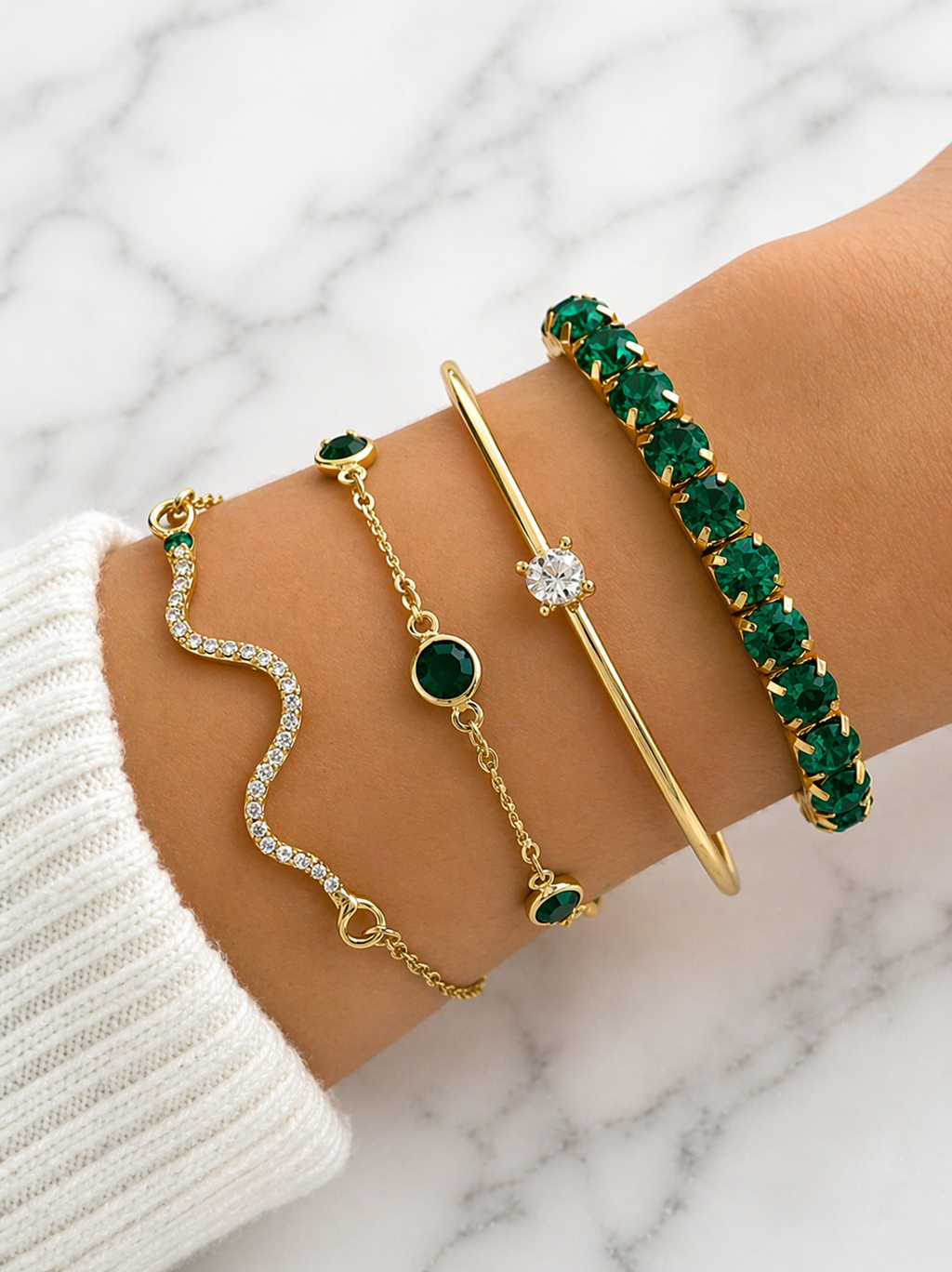 4pc Full Rhinestone Snake Bracelet Set – Green Chain Design