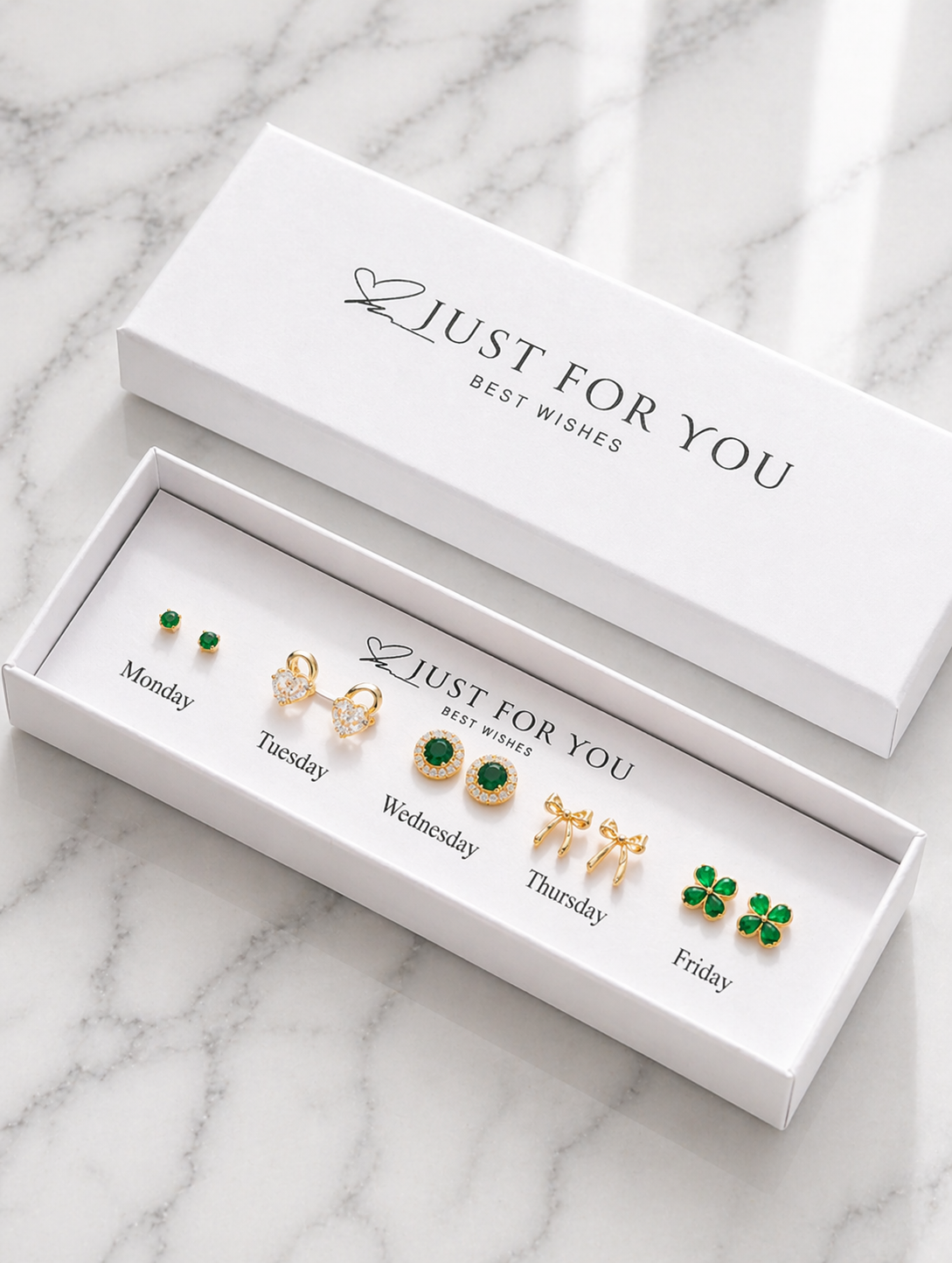 5 Pairs Four-Leaf Clover, Bow & Heart Zirconia Stud Earrings Set – Emory Green