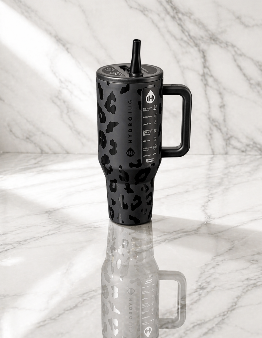 HydroJug 40oz Tumbler – Black Leopard / Cheetah Print – Large & Durable