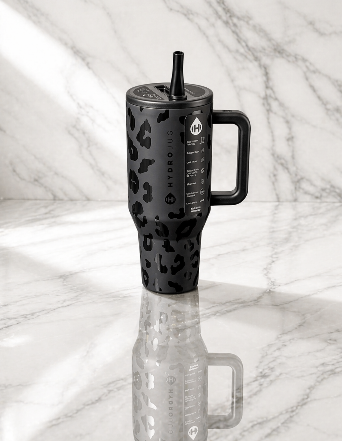 HydroJug 40oz Tumbler – Black Leopard / Cheetah Print – Large & Durable