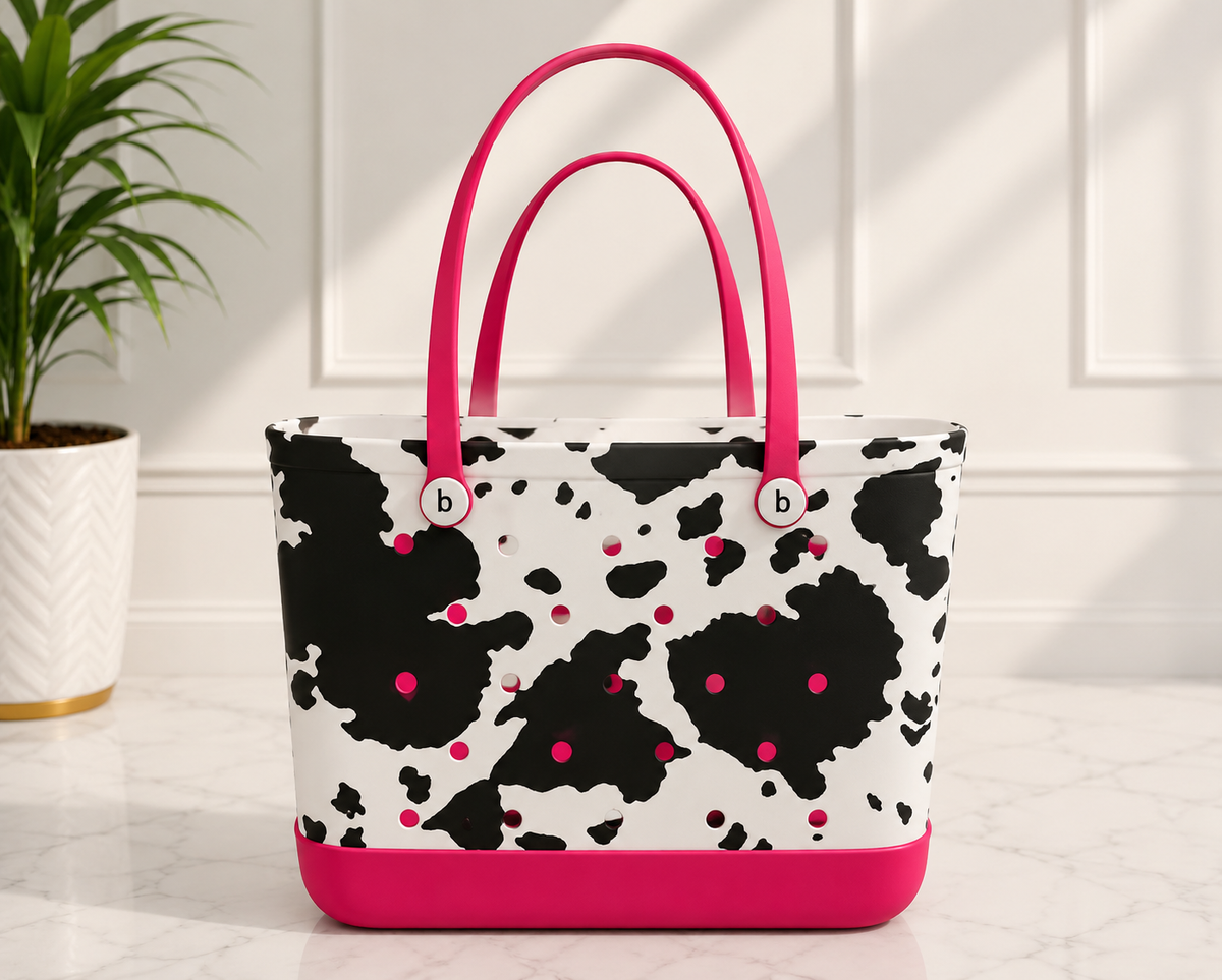 Cow Print Bogg Tote Bag with hot pink handles and base