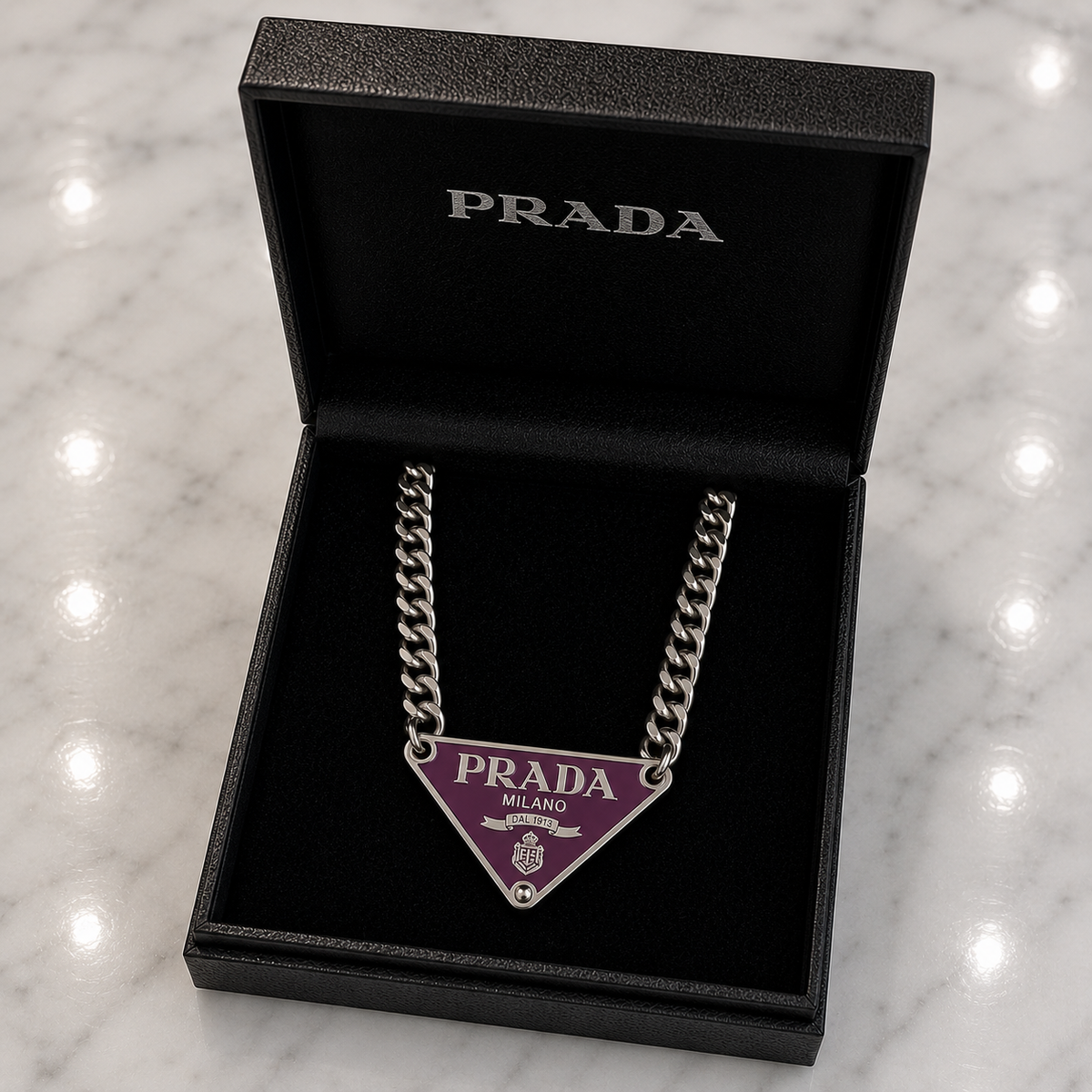 Prada Triangle Logo Necklace in Purple in signature black Prada gift box