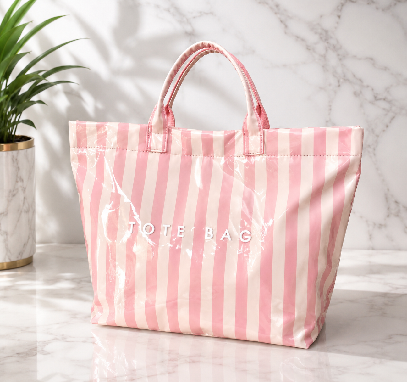 Pink Striped Patent Leather Tote Bag