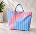 Blue & Pink Striped Patent Leather Tote Bag