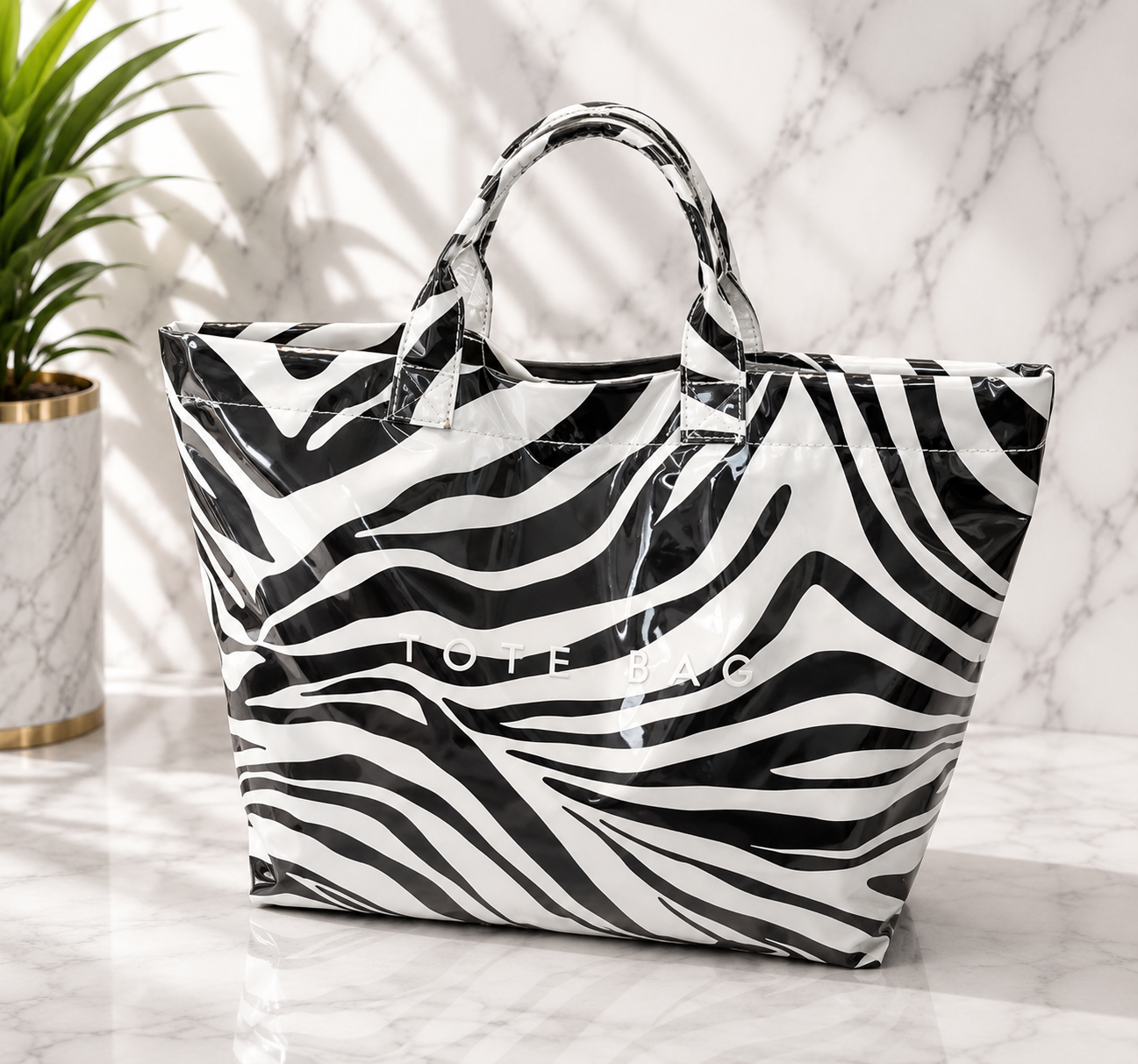 Zebra Print Patent Leather Tote Bag
