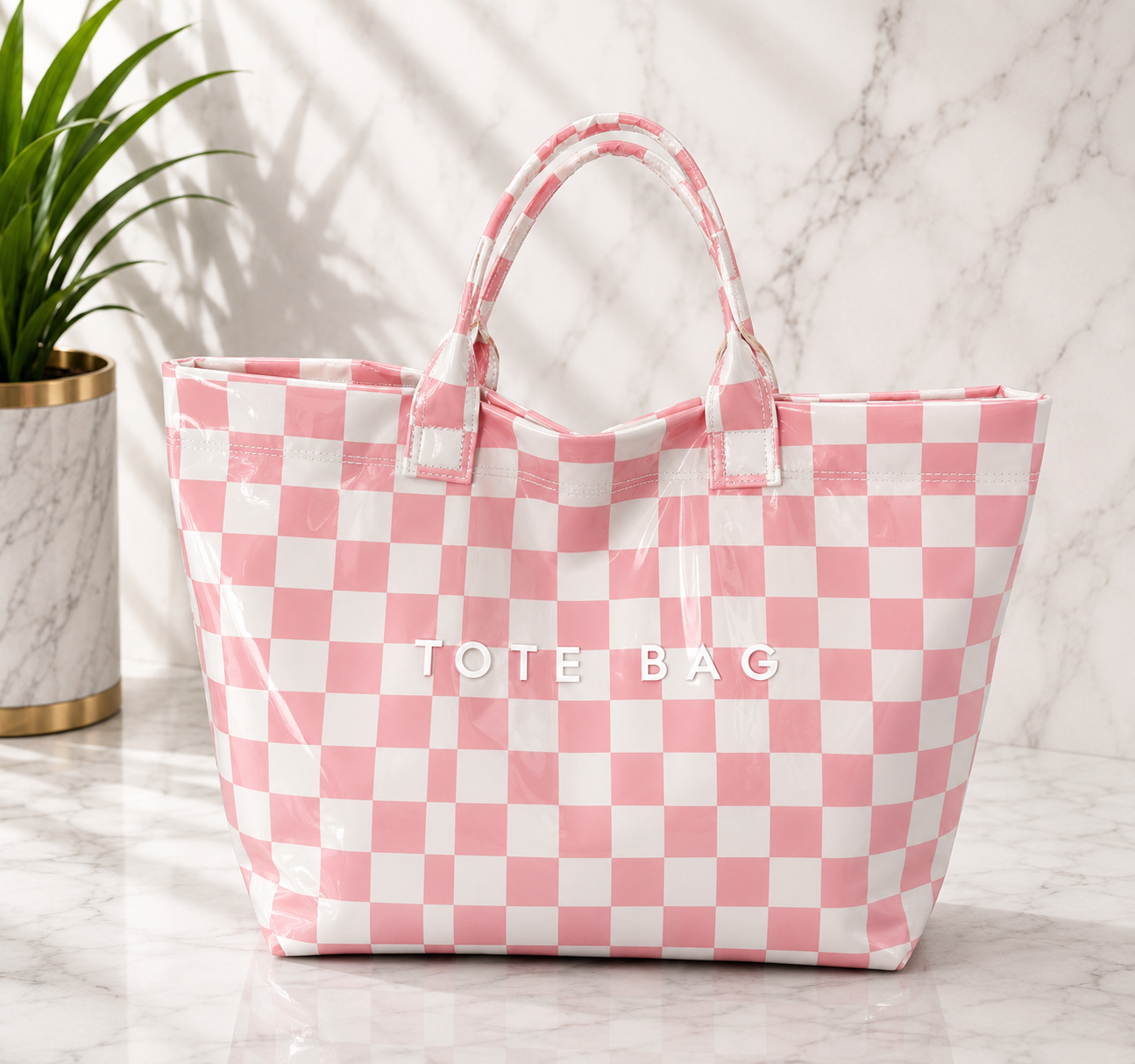 Pink Checkered Patent Leather Tote Bag