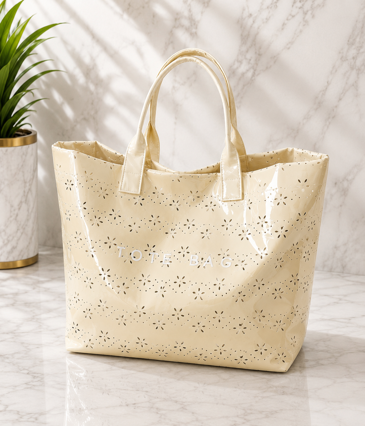 Cream Eyelet Floral Patent Leather Tote Bag