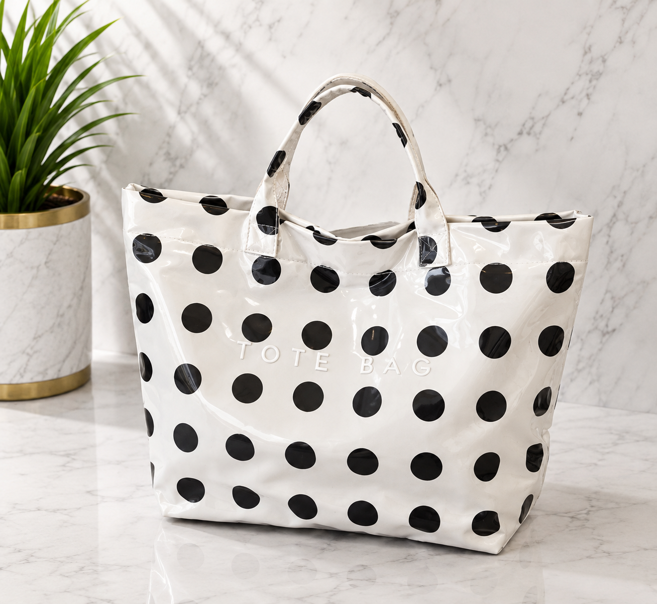 White Polka Dot Patent Leather Tote Bag
