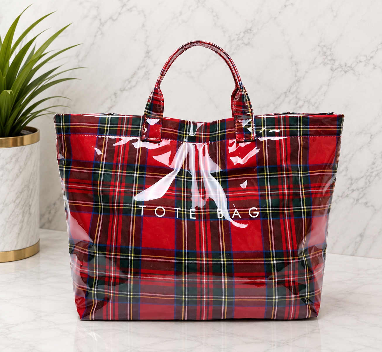 Red Tartan Plaid Patent Leather Tote Bag