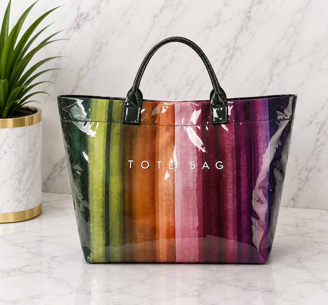 Rainbow Ombre Stripe Patent Leather Tote Bag