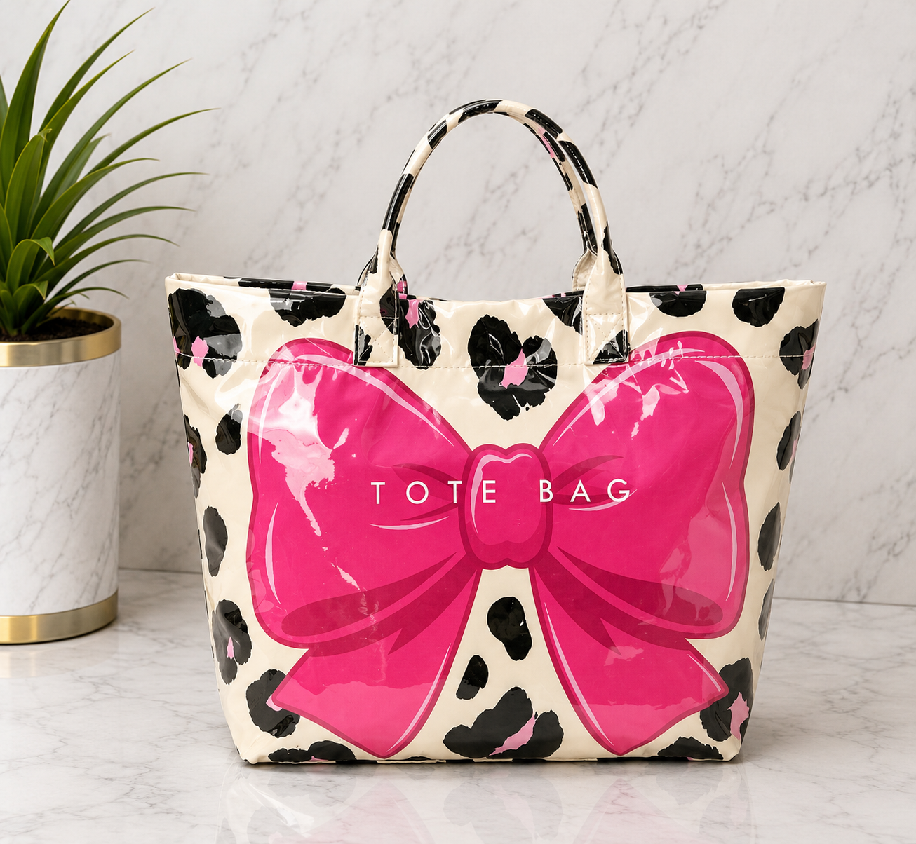 Leopard Print Pink Bow Patent Leather Tote Bag
