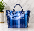 Navy Blue Watercolor Stripe Patent Leather Tote Bag