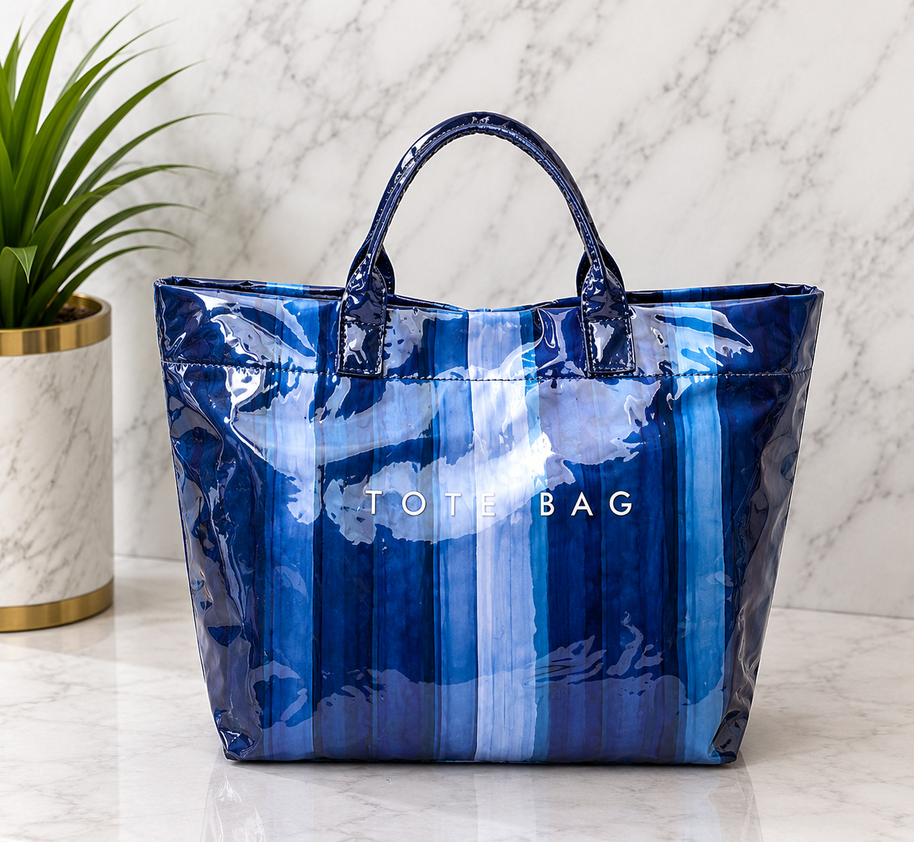 Navy Blue Watercolor Stripe Patent Leather Tote Bag