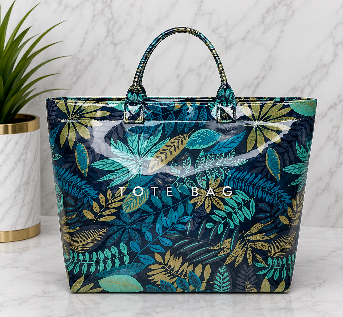 Tropical Leaf Patent Leather Tote Bag